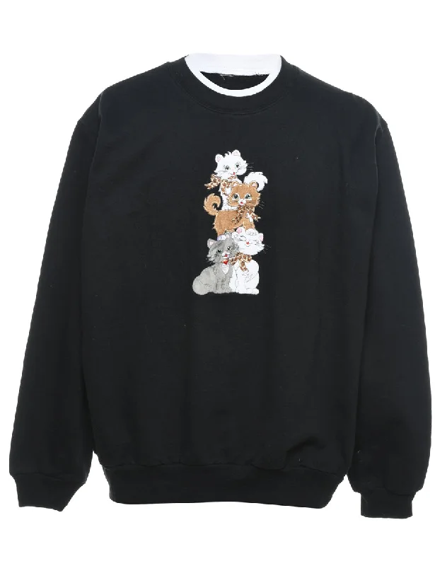 Cat Black Embroidered Sweatshirt - M Hoodie with Hood Adjustable Protection