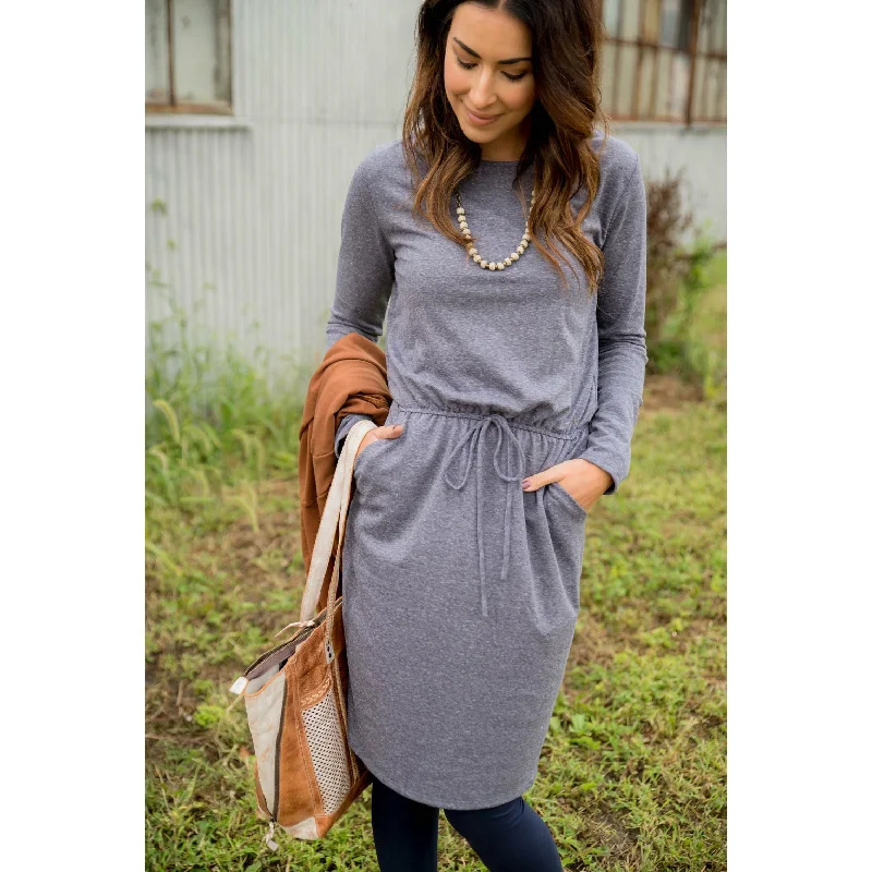 Pocket Drawstring Sweatshirt Dress Hoodie with Side Slits Relaxed Casual