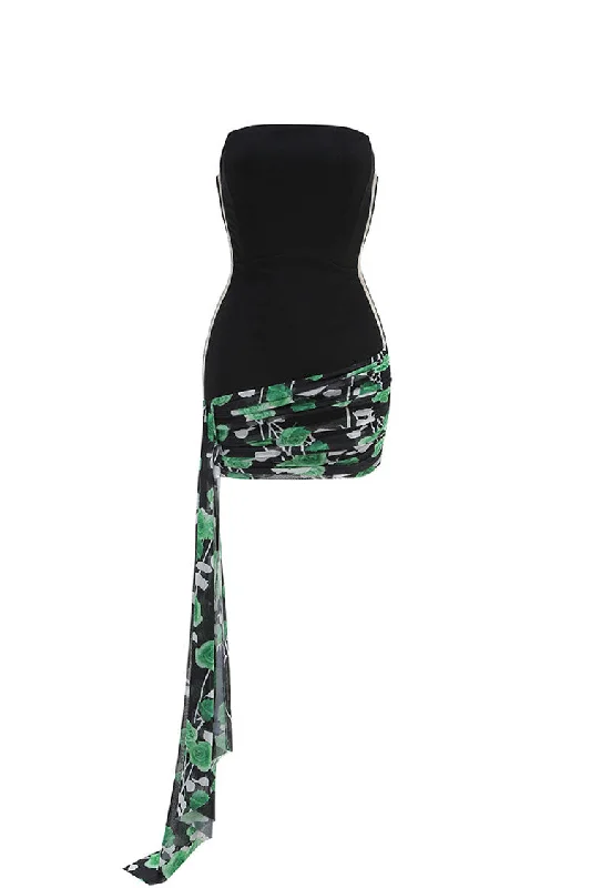 Luxury Strapless Mesh Panel Bodycon Ruched Floral Draped Party Mini Dress Tunics Long Elegant