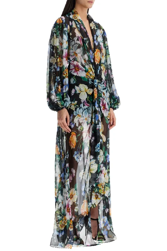 Dolce & Gabbana Long Black Silk Dress With Floral Pattern Tunics Brand named