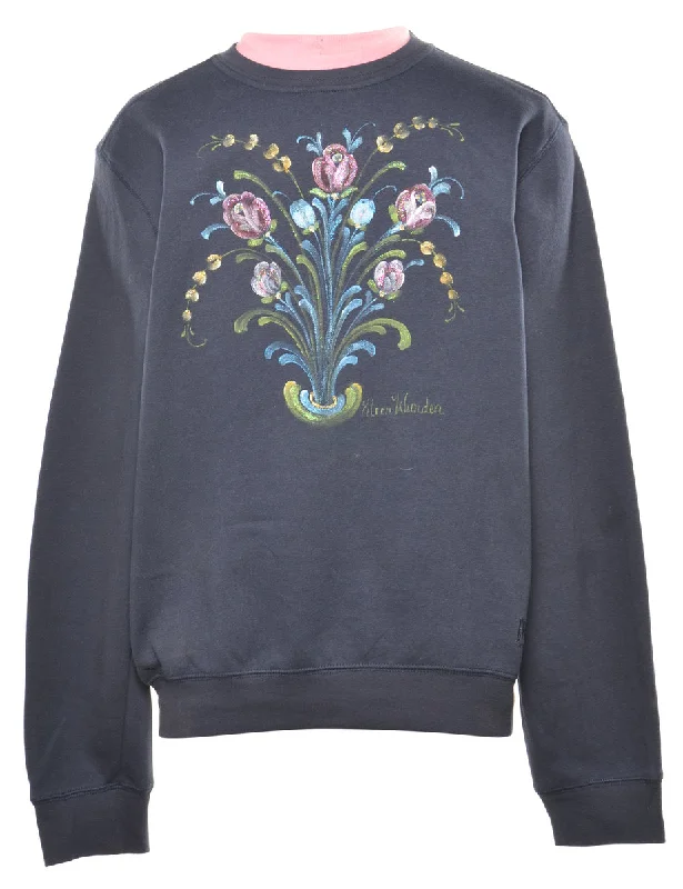 Floral Navy Embroidered Sweatshirt - L Hoodie with Illustration Artistic Creative