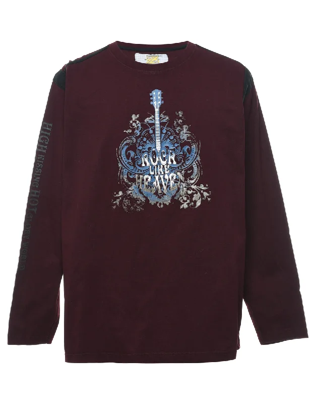 Maroon Printed Sweatshirt - M Hoodie with Distressed Vintage Worn