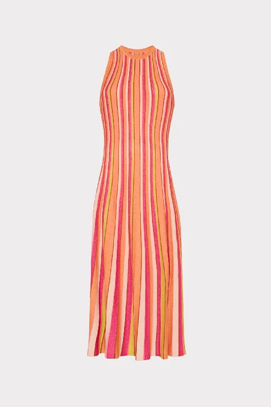 Multi Color Stripe Sleeveless Midi Dress Tunics Fashionable trendy