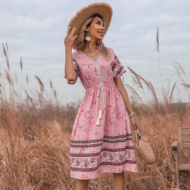 IKEARLAX cross-border  trade  summer   floral lace-up short-sleeved v-neck bohemian dress Boat Neckline Classic