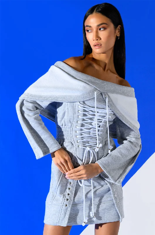TIED UP IN LOVE CORSET LONG SLEEVE SWEATSHIRT DRESS Hoodie with Neon Bright Vibrant