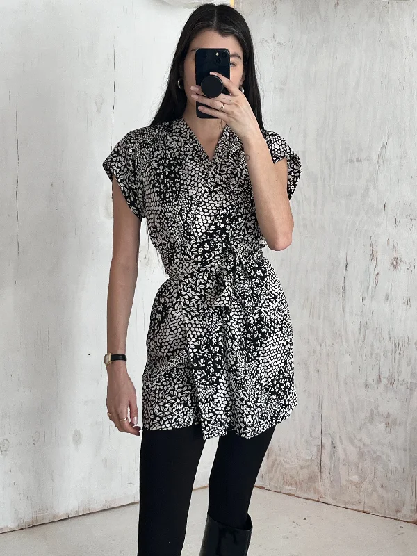 80s Givenchy B&W Graphic Silk Wrap-front Mini Dress Bodycon Club Sequined
