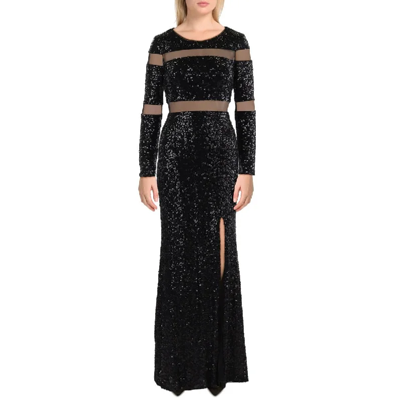 Womens Sequined Illusion Evening Dress Cowl Neckline Elegant