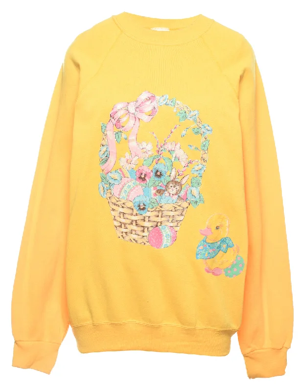 Yellow Floral Printed 1990s Sweatshirt - L Hoodie with Half-Zip Sporty Casual