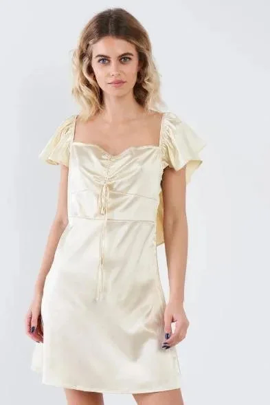 Silk Square Neck Butterfly Sleeve Loe Back Mini Dress Tunics Luxurious high-end