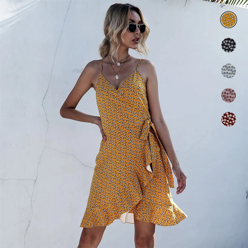 IKEARLAX summer wrap printing skirt ruffle edge beach suspender dress cross-border women's clothing wholesale Tunics Chinos classic IKEARLAX summer wrap printing skirt ruffle edge beach suspender dress cross-border women's clothing wholesale Tunics Chinos classic