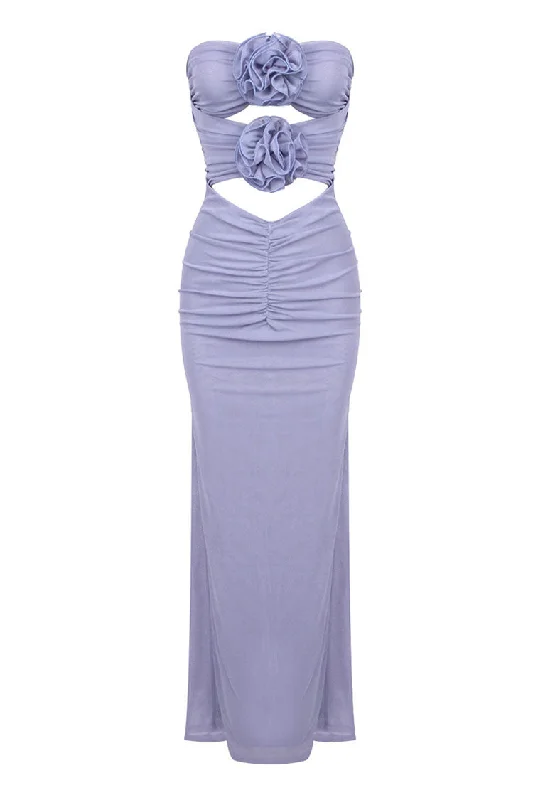 Glamorous Rosette Strapless Cutout Gathered Mesh Evening Maxi Dress Tunics Chic elegant