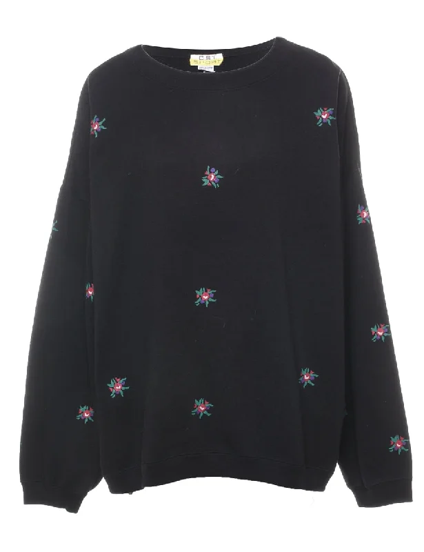 Black Floral Printed Sweatshirt - L Hoodie with Monochrome Minimalist Simple