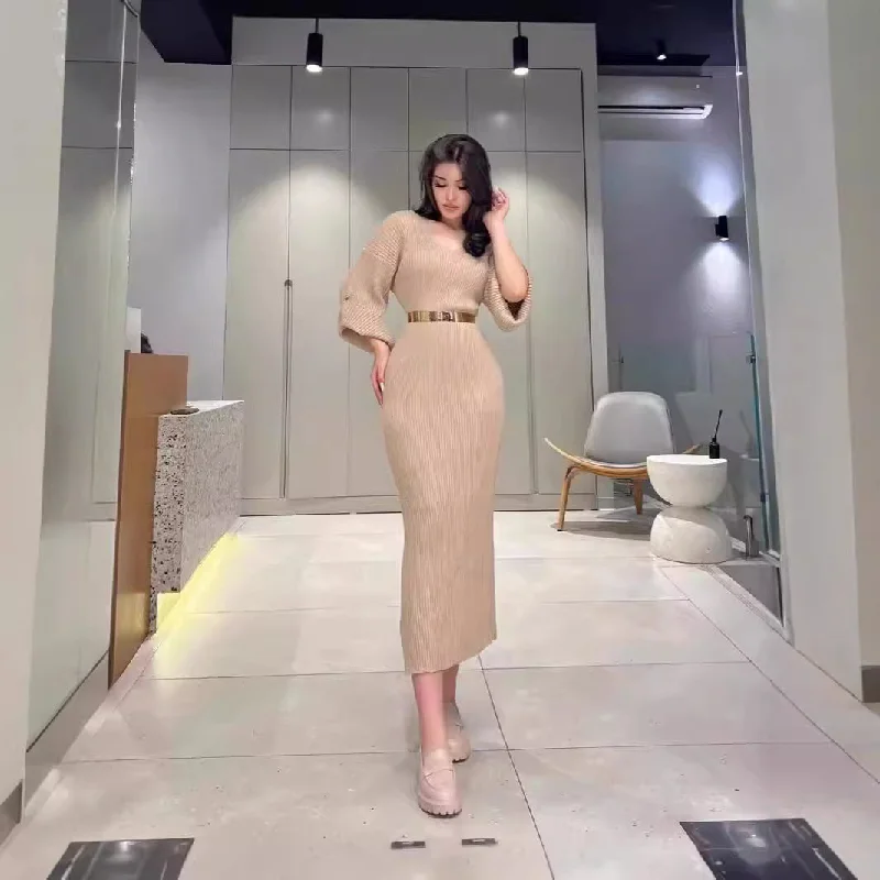 IKEARLAX 2025 cross-border women's clothing autumn and winter new comfortable, fashionable and sexy V-neck high-waisted slim-fitting solid-color dress Tunics Office stylish