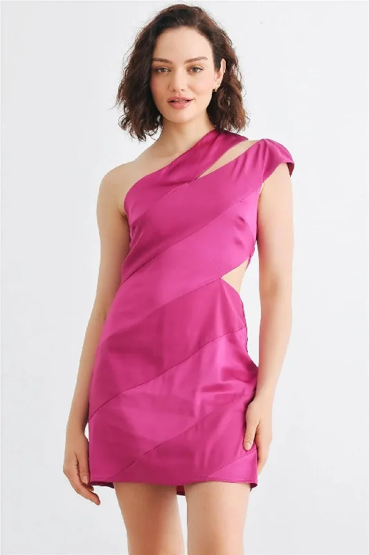 Magenta Satin Asymmetrical One Shoulder Cut-Out Mini Dress Tunics Stylish modern