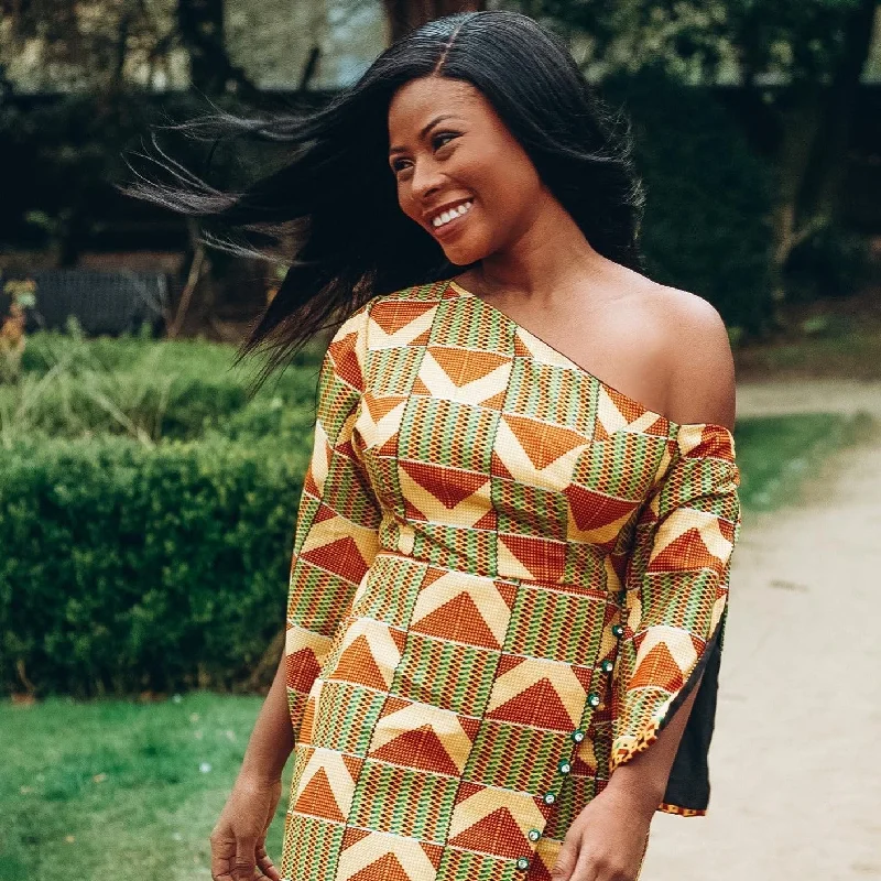 Ama African Print Kente Cape Dress Tunics Evening elegant