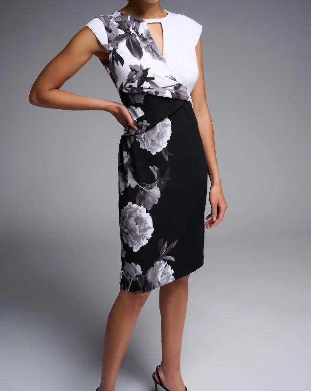 Floral Sheath Dress In Black And White Tunics Yoga stretchy