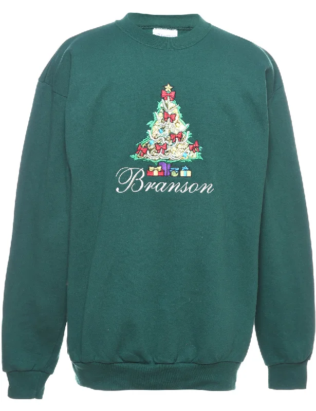 Christmas Tree Print Sweatshirt - L Hoodie with Batwing Sleeves Loose Dramatic