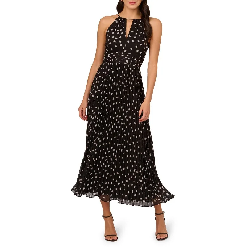 Womens Printed Pleated Midi Dress Pencil Office Professional