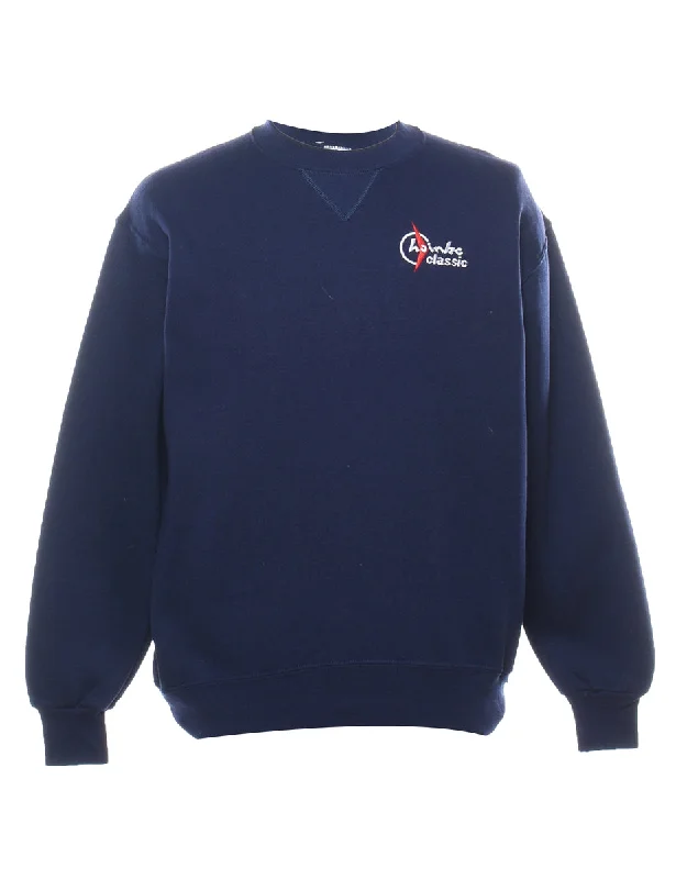 Navy Embroidered Sweatshirt - L Hoodie with Drop Shoulder Relaxed Streetwear