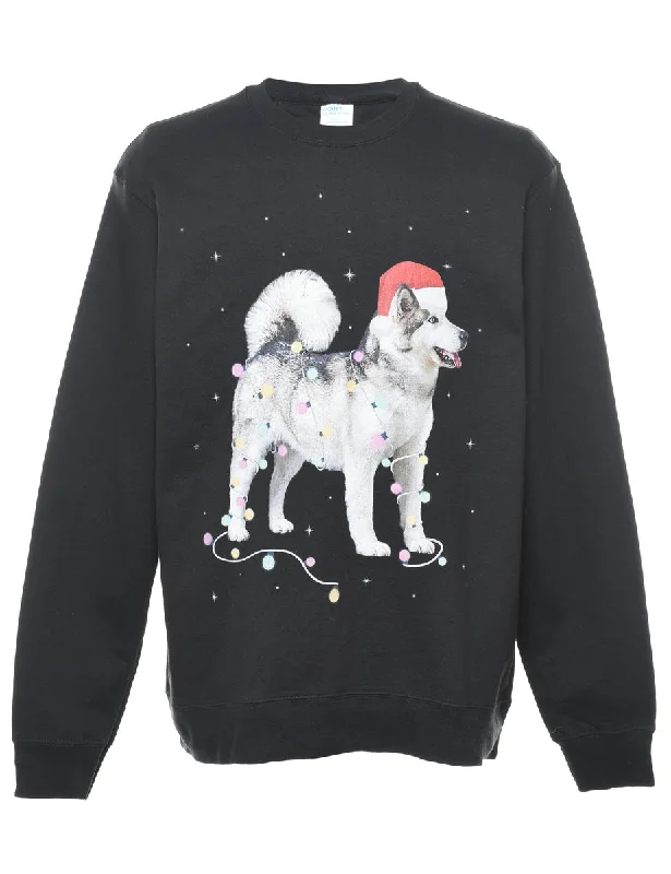 Black Dog Print Christmas Sweatshirt - L Hoodie with Logo Branding Identity