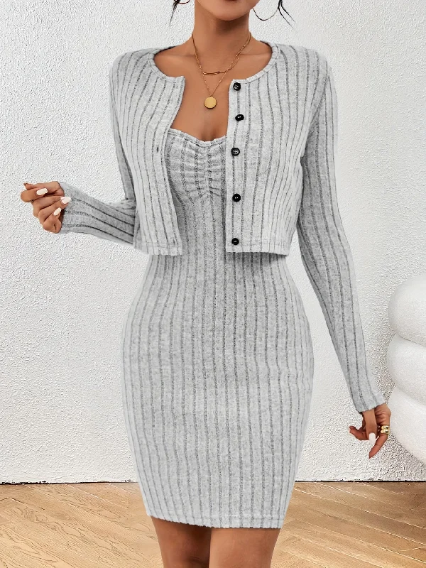 Solid Ribbed Chic Two-Piece Set - Button-Front Long Sleeve Tops & Bodycon Mini Dress - Flattering Casual Outfits for Trendy Women Tunics Formal black