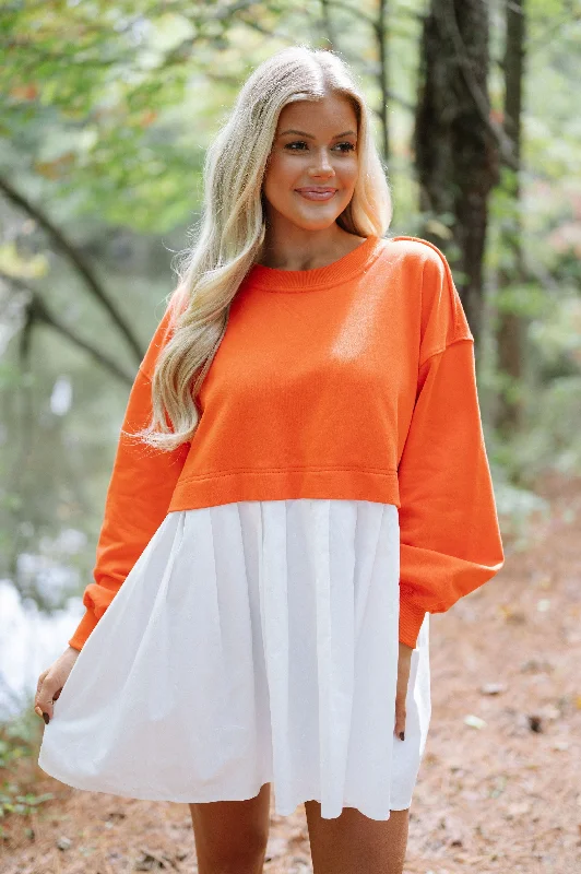 Saylor Sweatshirt Contrast Dress- Orange Red Hoodie with Distressed Vintage Worn