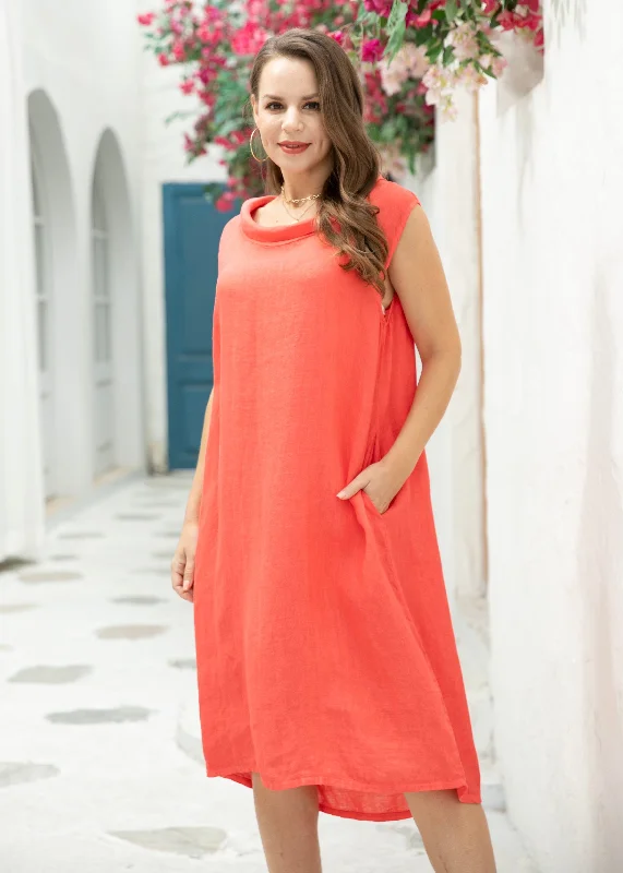 Orange - Round Collar Sleeveless Dress Tunics Solid Classic