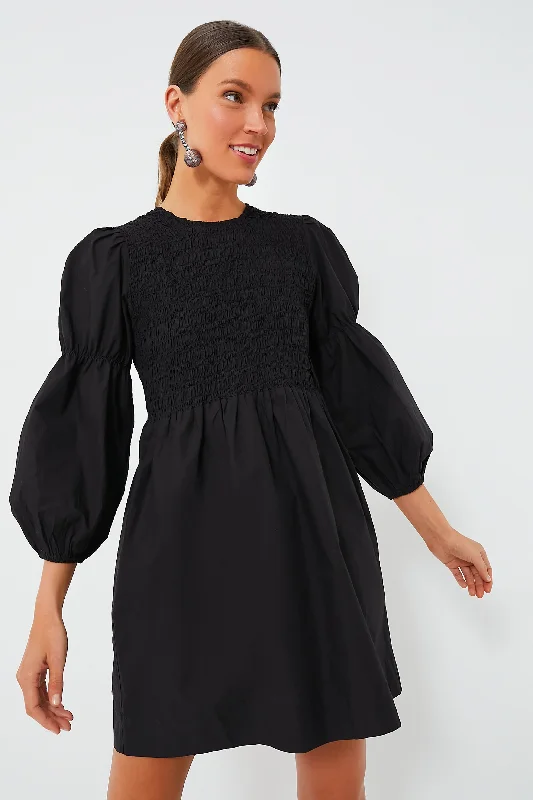 Black Cotton Poplin Mini Smock Dress Tunics Practical easy-care