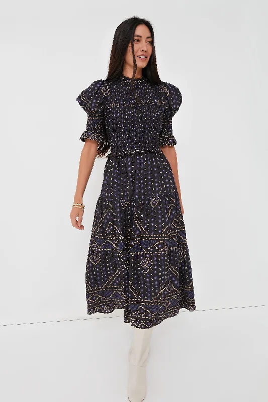 Blue Delphine Pucker Cotton Puff Sleeve Smocked Dress Tunics Versatile stylish