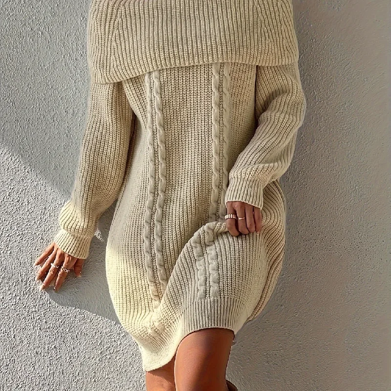 Stylish Plus Size Cable Knit Off Shoulder Sweater Dress - Women's Plus Size Sweater Dresses with Long Sleeves and Chic Design - Cozy Winter Fashion for Curvy Women empire Waist empire