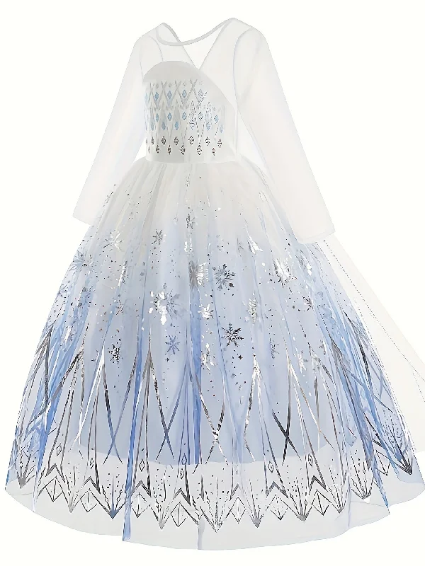 Snowflake Pattern Long Sleeve Mesh Dress With Cape For Girls, Cute Birthday Performance Dress Princess Suit Party Gift, Girls' Clothing Tunics Corduroy durable