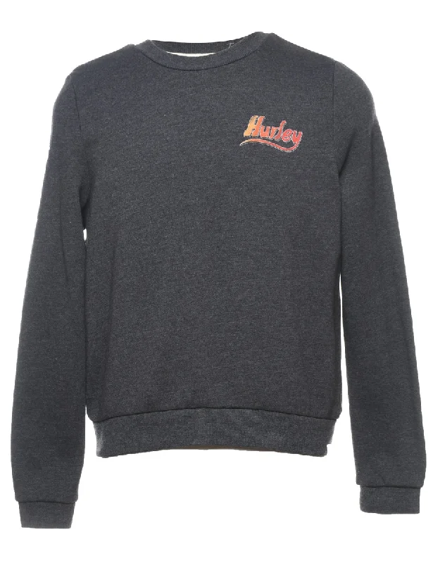 Hurley Design Dark Grey 2000s Printed Sweatshirt - S Hoodie with Zipper Placket Modern Functional Hurley Design Dark Grey 2000s Printed Sweatshirt - S Hoodie with Zipper Placket Modern Functional