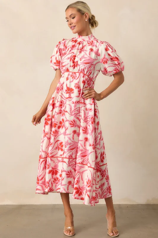 Blooming Season Pink Floral Puff Sleeve Midi Dress Tunics Party sparkling