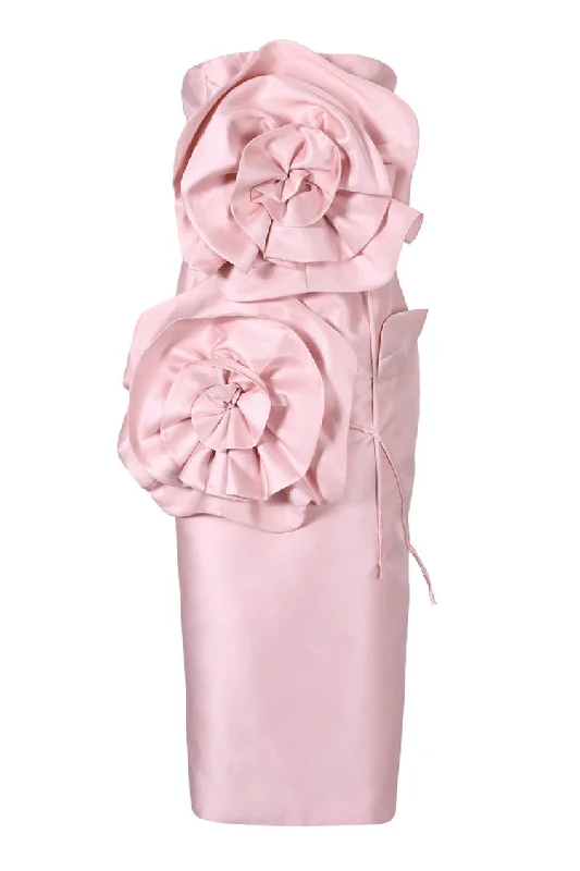 Bloom Rosette Applique Strapless Lace Up Bodycon Satin Cocktail Midi Dress Tunics Print Colorful Bloom Rosette Applique Strapless Lace Up Bodycon Satin Cocktail Midi Dress Tunics Print Colorful