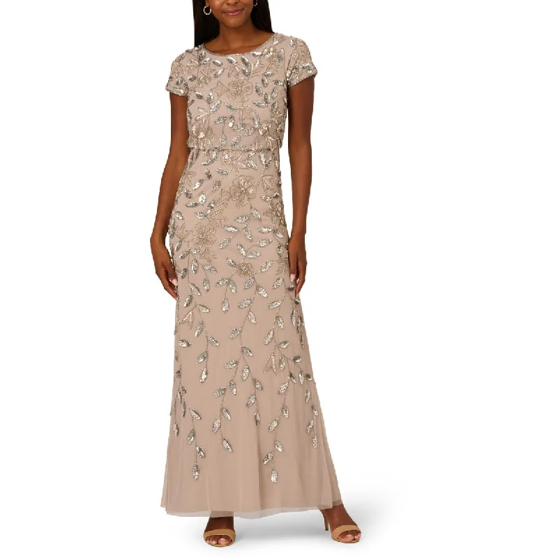 Womens Blouson Beaded Evening Dress Square Neckline Feminine