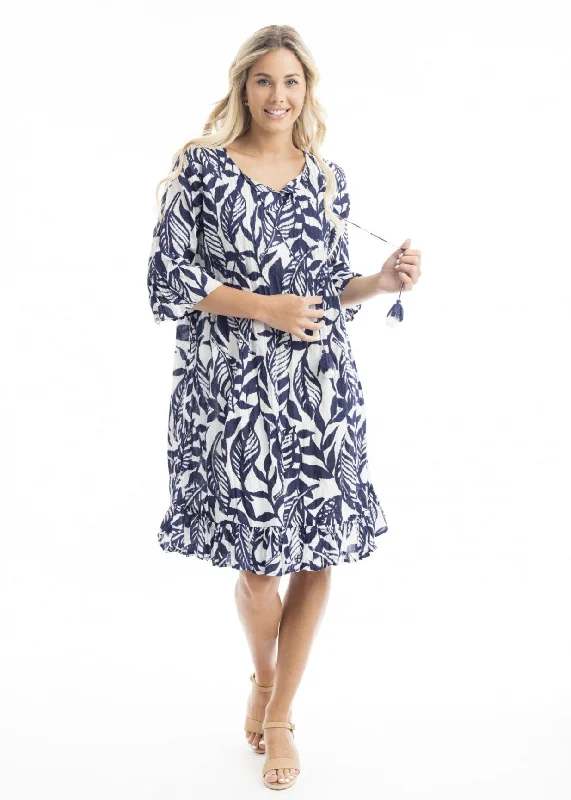 Orientique - Hayman Navy Frill Sleeve Pinch Pleat Dress Tunics Stylish modern