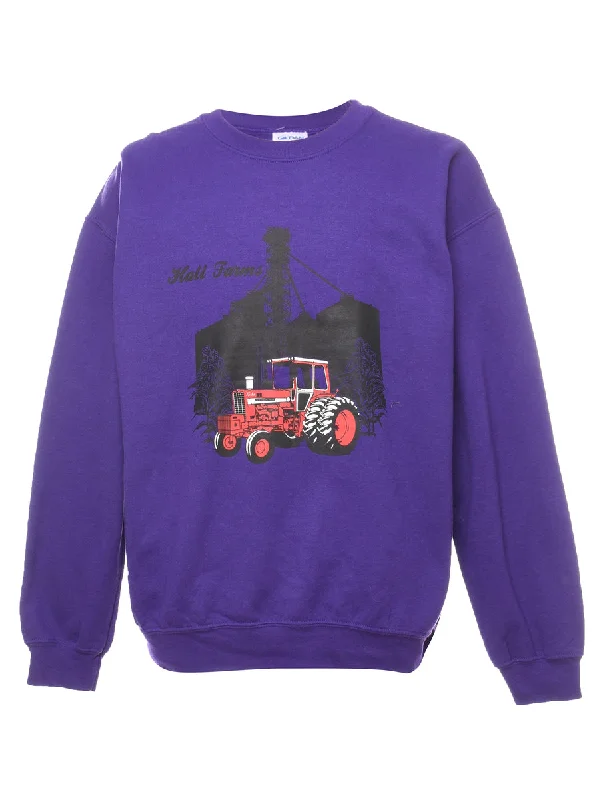 Purple Hau Farms Printed Sweatshirt - L Hoodie with Raw Hem Edgy Unfinished