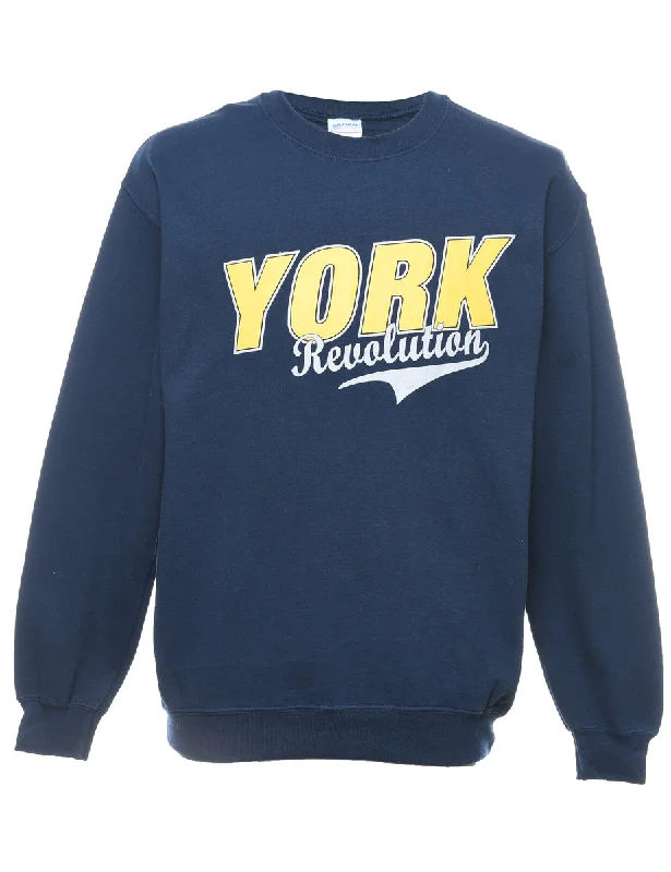 York Revolution Navy & Yellow Printed Sweatshirt - M Hoodie with Set-In Sleeves Structured Classic York Revolution Navy & Yellow Printed Sweatshirt - M Hoodie with Set-In Sleeves Structured Classic