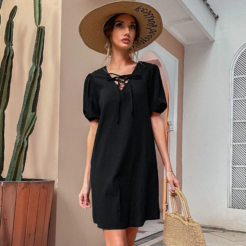 IKEARLAX  Summer  Solid Color Cotton and Linen Skirt Temperament Loose Strap Dress Tunics Exclusive limited