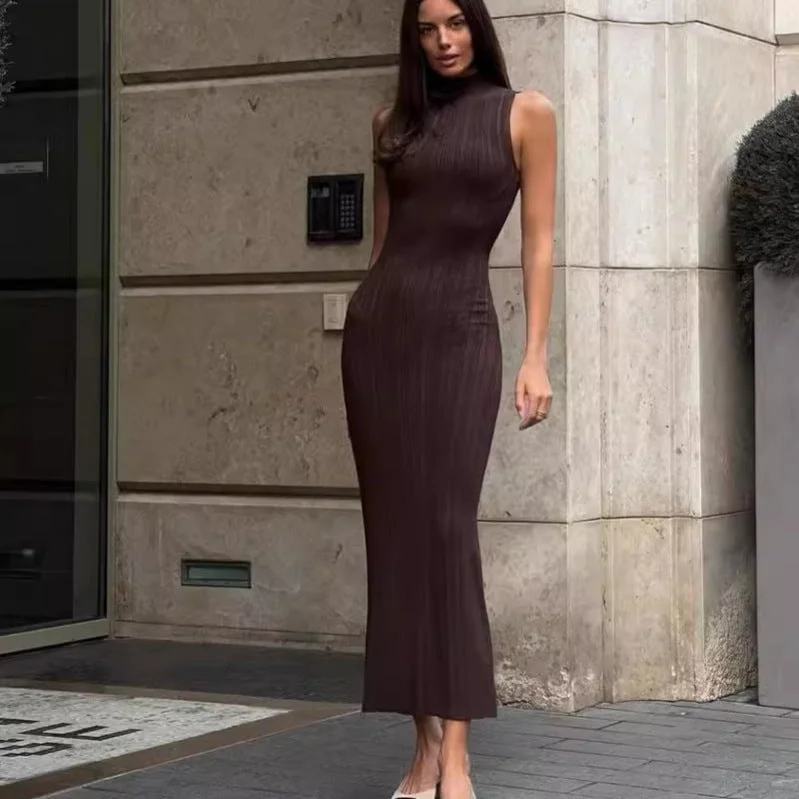 IKEARLAX Europe, America autumn and winter new cross-border women's clothing turtleneck sexy knitted medium and long dress slim sleeveless long dress Tunics Office stylish IKEARLAX Europe, America autumn and winter new cross-border women's clothing turtleneck sexy knitted medium and long dress slim sleeveless long dress Tunics Office stylish