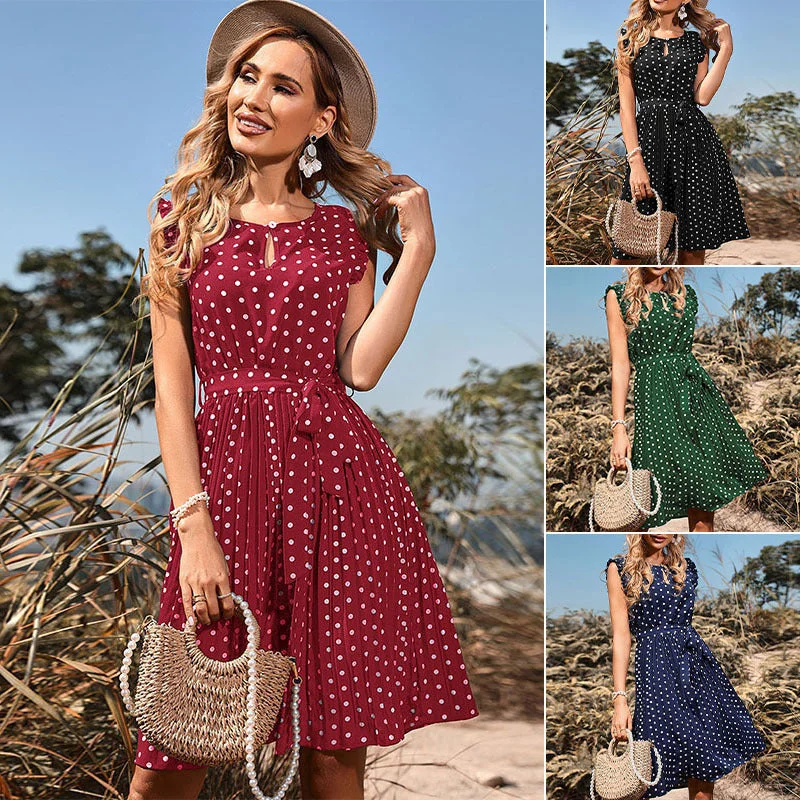IKEARLAX cross-border waist skirt summer women's clothing polka dot round neck short-sleeved lace-up pleated dress Floral Print girly IKEARLAX cross-border waist skirt summer women's clothing polka dot round neck short-sleeved lace-up pleated dress Floral Print girly