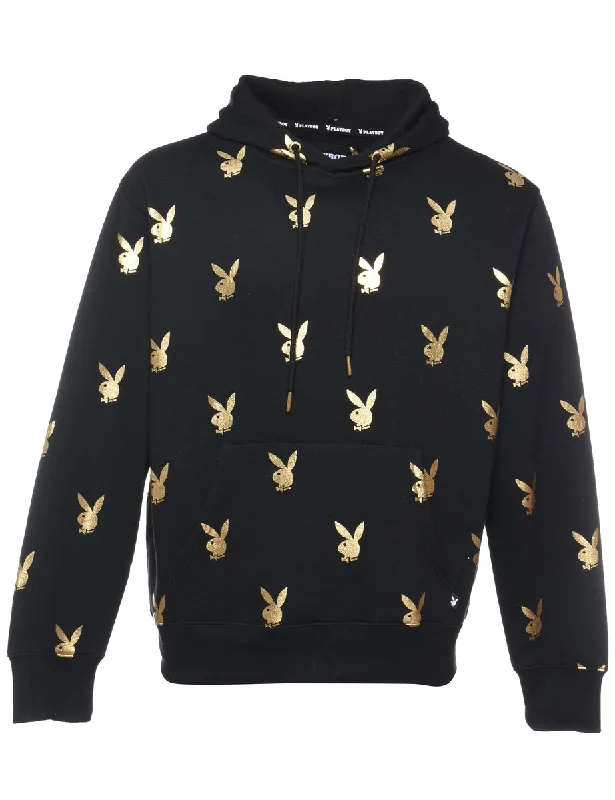 Playboy Black & Gold Metallic Printed Hoodie - S Hoodie with Hem Detail Decorative Unique Playboy Black & Gold Metallic Printed Hoodie - S Hoodie with Hem Detail Decorative Unique
