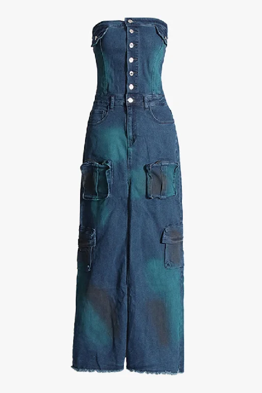 Street Style Strapless Button Up Cargo Pocket Front Split Denim Maxi Dress Tunics Cozy soft Street Style Strapless Button Up Cargo Pocket Front Split Denim Maxi Dress Tunics Cozy soft