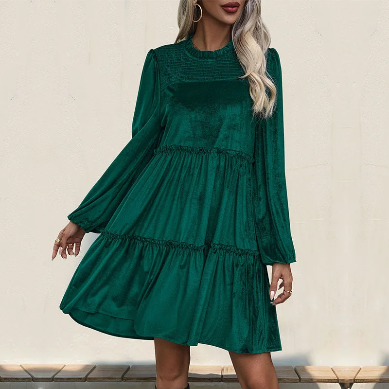 IKEARLAX new long-sleeved solid color dress dark green velvet mid-skirt ruffle edge women's skirt Tunics Plaid country