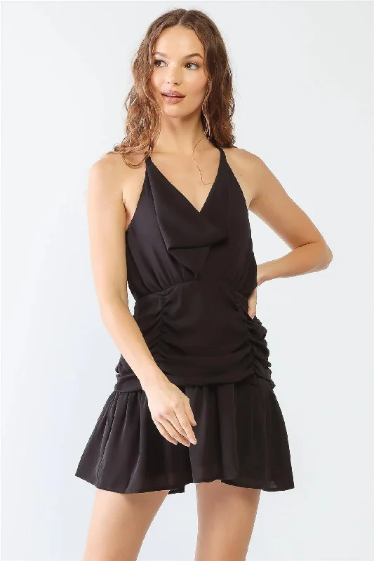 Black Cowl Neck Ruched Strappy Layered Mini Dress /1-2-2-1 Tunics Bridal satin