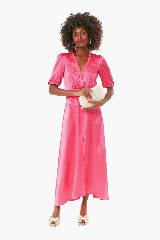 Punch Pink Flowering Lea Long Dress Off-the-shoulder Chic Trendy