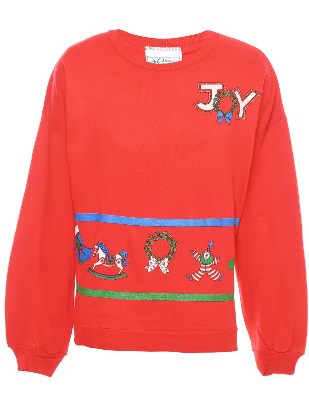 Festive Print Christmas Sweatshirt - M Hoodie with Slit Hem Functional Movement