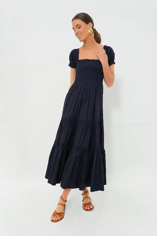 Medium Navy Smocked Cotton Dress Tunics Trendy modern