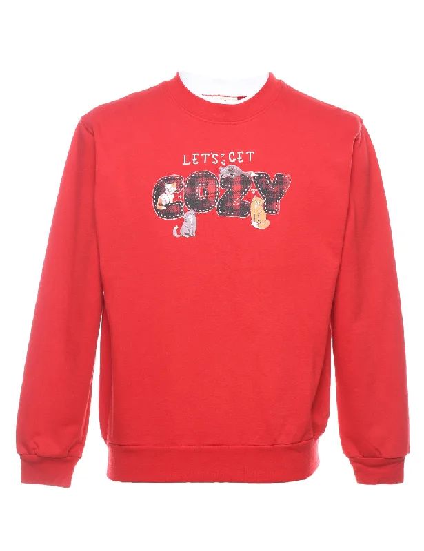 Red Cat Design Printed Sweatshirt - M Hoodie with Contrast Stitching Detailed Premium Red Cat Design Printed Sweatshirt - M Hoodie with Contrast Stitching Detailed Premium