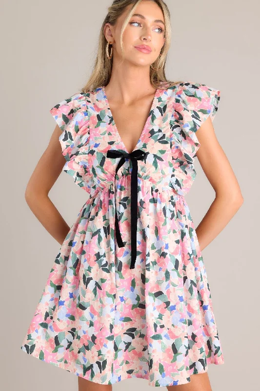 Meadow Dreams Pink Multi Floral Flutter Sleeve Mini Dress Tunics Business professional